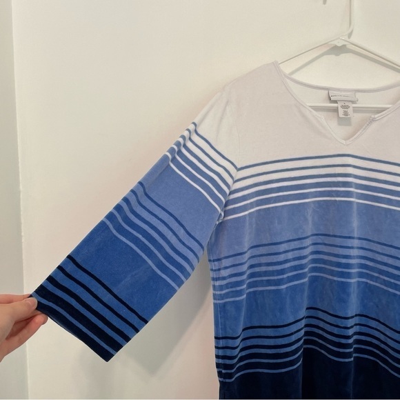 ALFRED DUNNER Precious Jewels Soft Striped Velour Top White Blue Navy 3/4 Sleeve - Picture 6 of 12